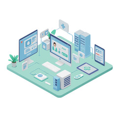 Obraz premium Isometric digital healthcare technology concept with computer servers monitors tablets and medical icons in light blue and green tones on black background