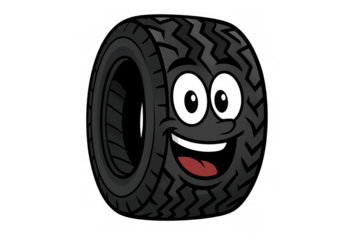 Happy cartoon tire character mascot smiling, presenting automotive industry, vehicle maintenance, and rubber quality concepts
