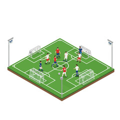 Isometric 3D Vector of a Football Soccer Match with Players Competing on a Green Field Under Bright Lighting Depicting Athleticism and Teamwork