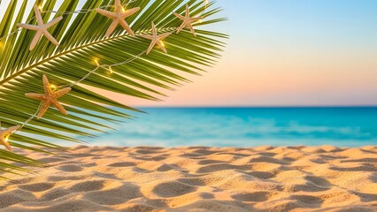 Tropical Beach Sunset with Palm Leaf, Starfish, and String Lights
