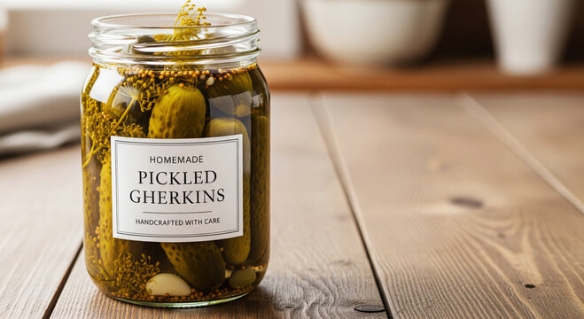 Glass jar mockup featuring homemade pickled gherkins on a rustic wooden table with copy space, ideal for branding fermented food products