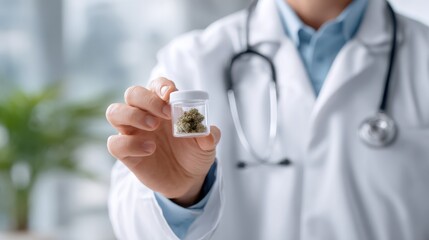 Doctor's hand holding a small container with medical cannabis, showcasing healthcare and alternative medicine in a clinical environment