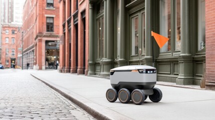 Delivery robot navigating a city street, showcasing modern technology and urban life, ideal for corporate promotional materials and advertisements
