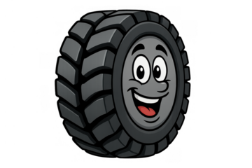 Happy cartoon tire character smiling, representing automotive industry, vehicle maintenance, and safety concepts