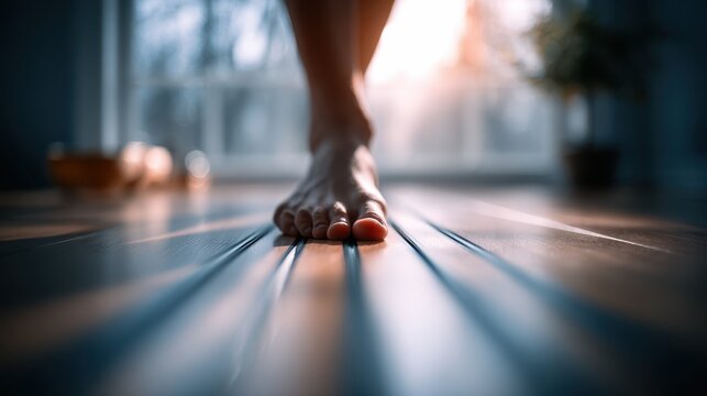 Minimalist color photo of a person practicing pilates reformer on wooden floor, showcasing focus and balance in a serene environment with natural light