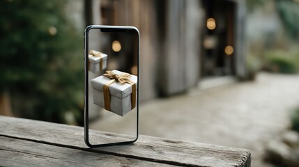 A smartphone with an augmented reality (AR) experience shows gift boxes floating in the air, representing digital shopping and online delivery services, a futuristic atmosphere.
