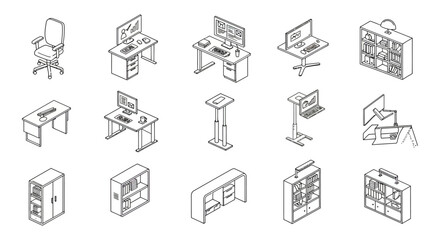 office furniture isometric illustrations modern workspaces and storage solutions for contemporary interiors ideal for architectural plans and design mockups.