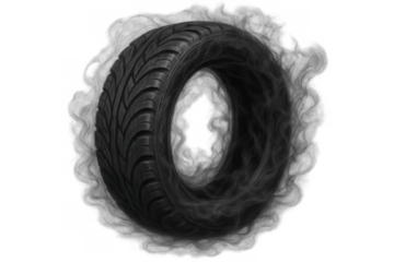 Car tire spinning creating smoke and burning rubber, dynamic energy abstract concept on transparent background