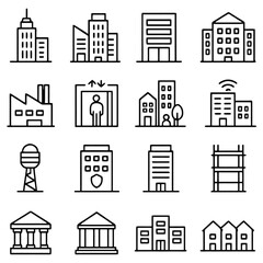 Obraz premium Urban Icons: A collection of architectural symbols, featuring an array of building silhouettes, each representing diverse functions and styles within the city.