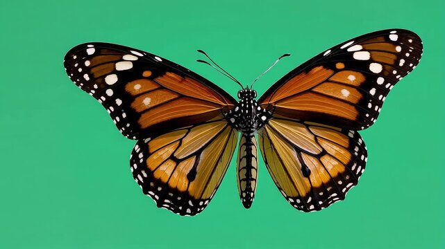 Monarch butterfly danaus plexippus with wings spread isolated on white background