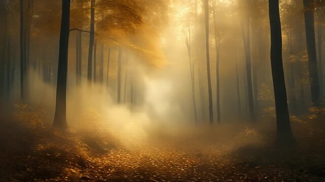 Autumn forest full of colorful summer trees with dirt forest road, sunlight shines through tall trees leaves covering an autumn path, seamless looping animation background