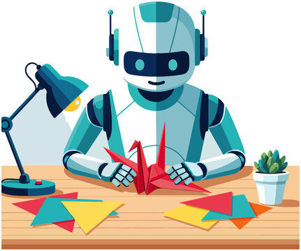 A friendly robot sits at a wooden desk, meticulously folding a red origami crane, surrounded by colorful paper and a glowing lamp, showcasing creativity.