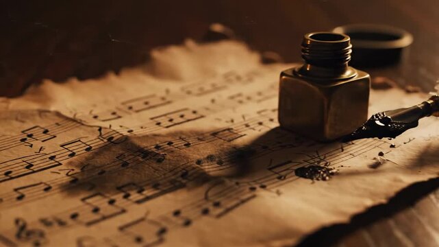 Quill and ink scribe musical notes on aged paper under candlelight. a journey of creativity and expression unfolds in gentle ambiance.