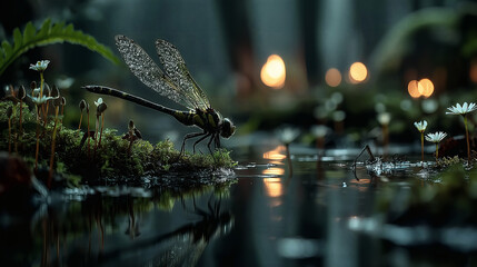 Mystical dragonfly at glowing forest pond at night