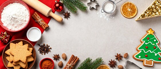Christmas cooking banner with baking ingredients, cookies and decorations on kitchen table
