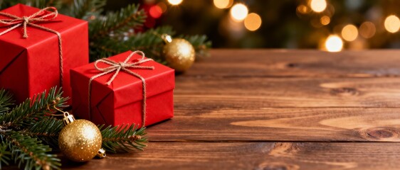 Christmas banner with red gift boxes, pine branches and golden baubles on wooden table
