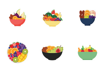 Fruit Bowl Variety Flat Vector Fresh Tropical Fruits
