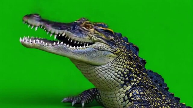 Close up of an alligator head and body against a bright green screen background for chroma keying crocodile green screen video