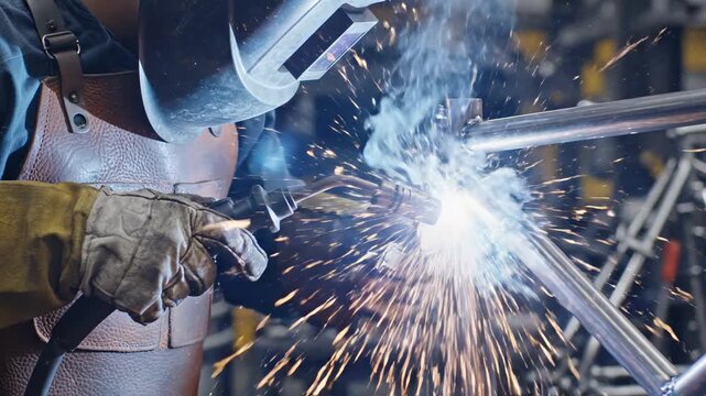 Industrial worker skillfully welding metal pipes with precision. sparks and heat illustrate mastery in metalwork craftsmanship.