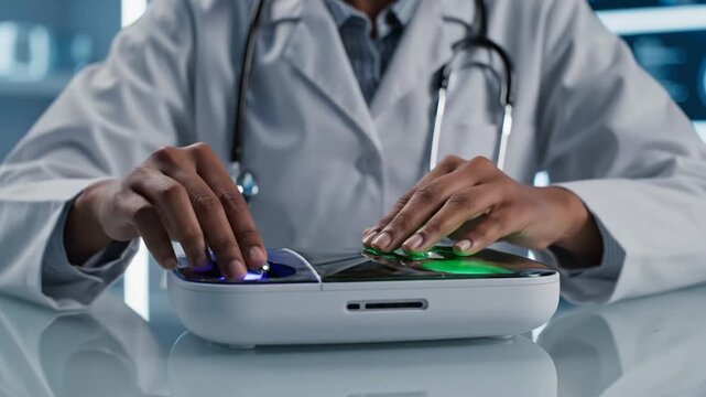 Indian Doctor Using Futuristic Diagnostic Device in Modern Lab