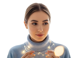 Young Woman with Fairy Lights Smiling Celebration Christmas Holiday Season
