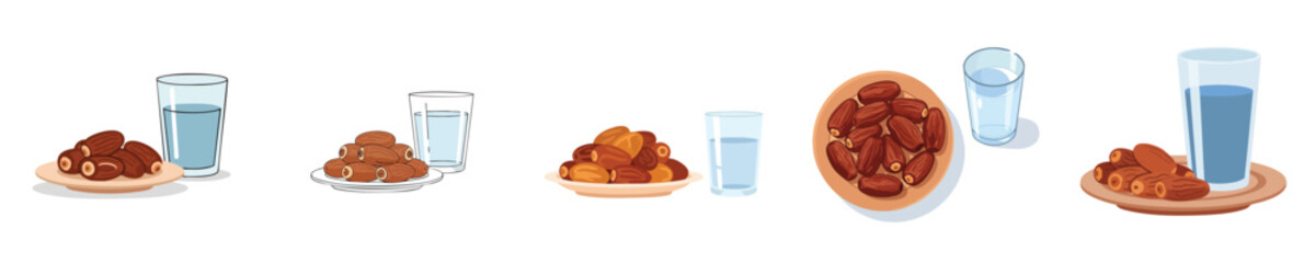 Dates Water Set Flat Vector Fresh Sweet Dates