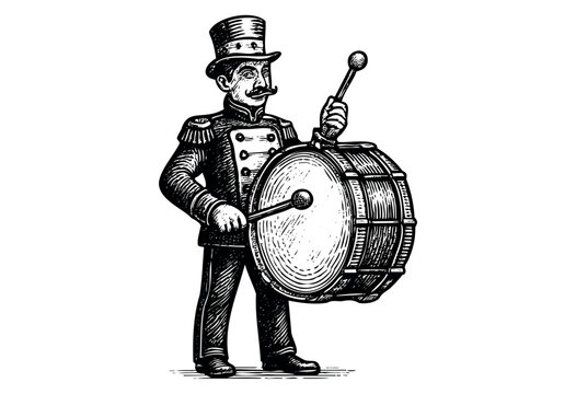 A Vintage-Style Engraving Features a Marching Band Drummer With a Large Mustache and Top Hat Holding Mallets and a Drum &mdash; Stock Illustration.