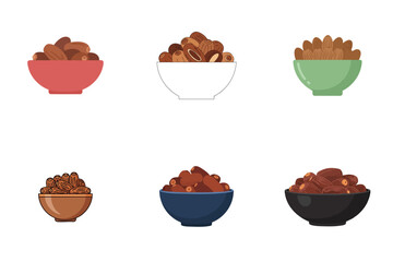 Dates Bowl Assortment Flat Vector Fresh Dried Sweet Date Fruit