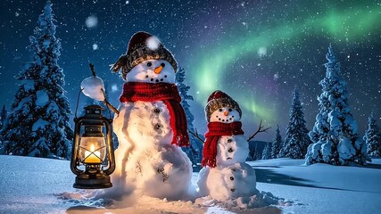 Two snowmen with lantern under Northern Lights