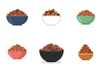 Dates Bowl Variety Flat Vector Fresh Dried Sweet Date Fruit