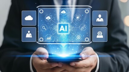 Businessman holding a smartphone displaying a holographic interface with ai technology icons, representing digital transformation and future business solutions - Powered by Adobe