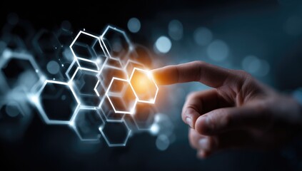 A hand interacts with glowing, interconnected hexagonal shapes
