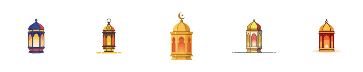 Ramadan Lantern Set Flat Vector Traditional Islamic Festive Glowing Lamp