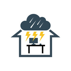 protecting electronics from power surge at home illustrating home security with a desktop under a stormy cloud suitable for tech blogs