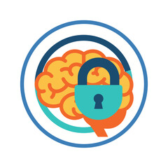 Protecting mental health with a teal padlock over an orange brain representing brain health security ideal for wellness campaigns.