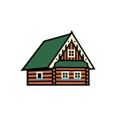 Quaint log cabin illustration a rustic woodland home with green roof and charming details ideal for travel blogs and cozy countryside designs.