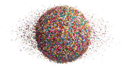 Colorful glitter ball dispersing, creating an abstract explosion of particles, celebrating festive events on transparent background