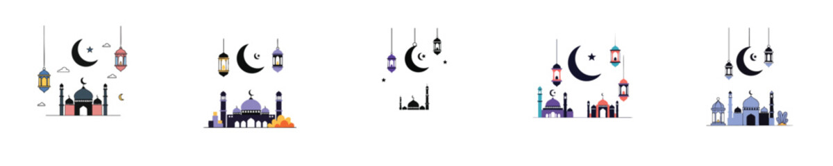 Fototapeta premium Ramadan Mubarak Mosque Lantern Crescent Moon Flat Vector Islamic Artwork