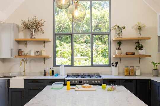 Kitchen island featuring marble countertop and food prep items, showing lush garden view