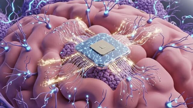 Nanorobotic arm implants glowing microchip into human brain tissue for advanced neural interface technology