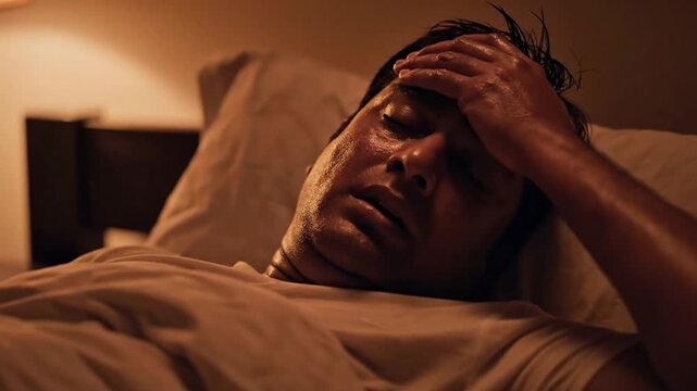 Man sweating profusely while lying in bed at night suffering from fever or intense illness symptoms