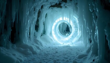 Glowing Blue Ring Illuminating an Enchanting Ice Cave with Icicles and Snow