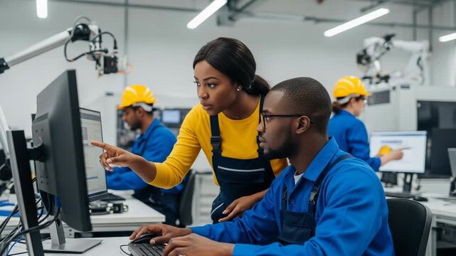 Two diverse engineers, a man and a woman, collaborating and pointing at a computer monitor in a modern technology or manufacturing workshop