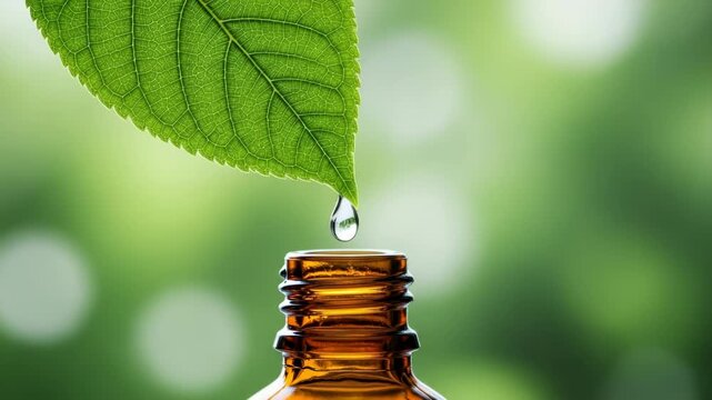 A single drop of clear liquid falls from a vibrant green leaf into the opening of a small amber glass essential oil bottle against a soft, natural green bokeh background