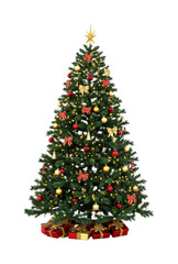 Obraz premium Beautifully decorated artificial Christmas tree stands tall, adorned with glowing lights, golden star, red and gold ornaments, and festive bows, with wrapped gifts at its base