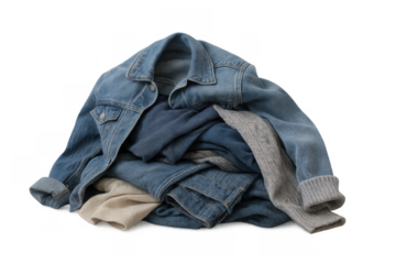 Pile of casual clothing, including a denim jacket, jeans, and a grey sweater. Depicting a mess or laundry. Transparent background
