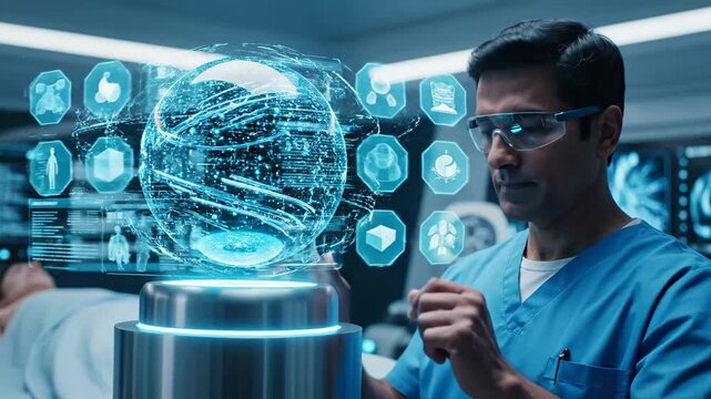 Indian Doctor Using Futuristic Medical Holographic Interface in Operating Room