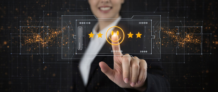 Businesswoman pressing smiley face touch screen and Business Service Satisfaction concept - Powered by Adobe