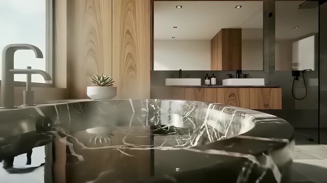 Modern Bathroom Oasis with Marble Bathtub, Sleek Counter Top, Lush Green Plant, and Expansive Window Framing Serene View, Perfect for Interior Design, Wellness, and Relaxation Concept Videos or.