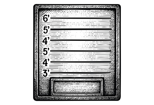 A blank sketch of a height measurement lineup board with hatch shading, used in police mugshots &mdash; stock vector.
